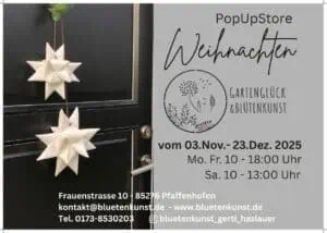 Weihnachts-Popupstore in Pfaffenhofen: Gartenglück & Blütenkunst zeigt stilvolle Adventsdekoration mit handgefertigten Segeltuchsternen – Ausstellung vom 3. November bis 23. Dezember 2025 in der Frauenstraße 10.