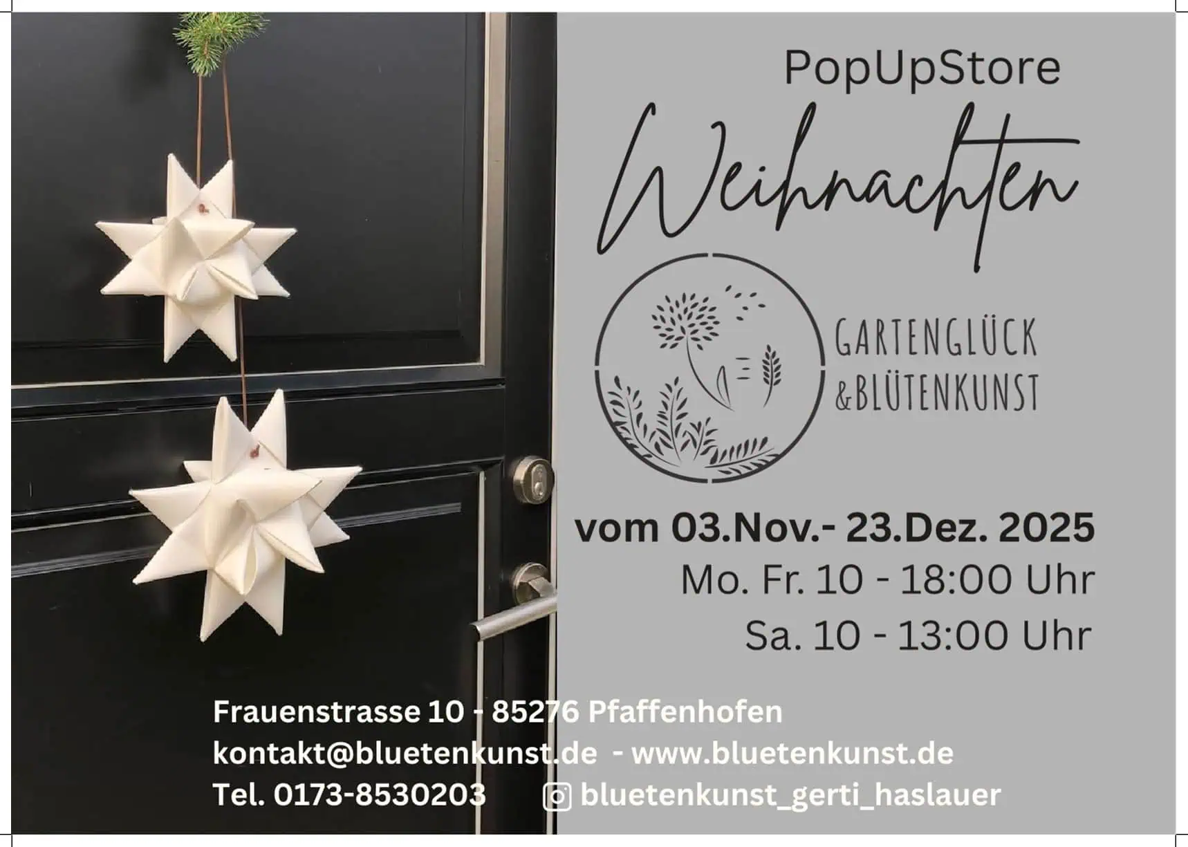 Weihnachts-Popupstore in Pfaffenhofen: Gartenglück & Blütenkunst zeigt stilvolle Adventsdekoration mit handgefertigten Segeltuchsternen – Ausstellung vom 3. November bis 23. Dezember 2025 in der Frauenstraße 10.